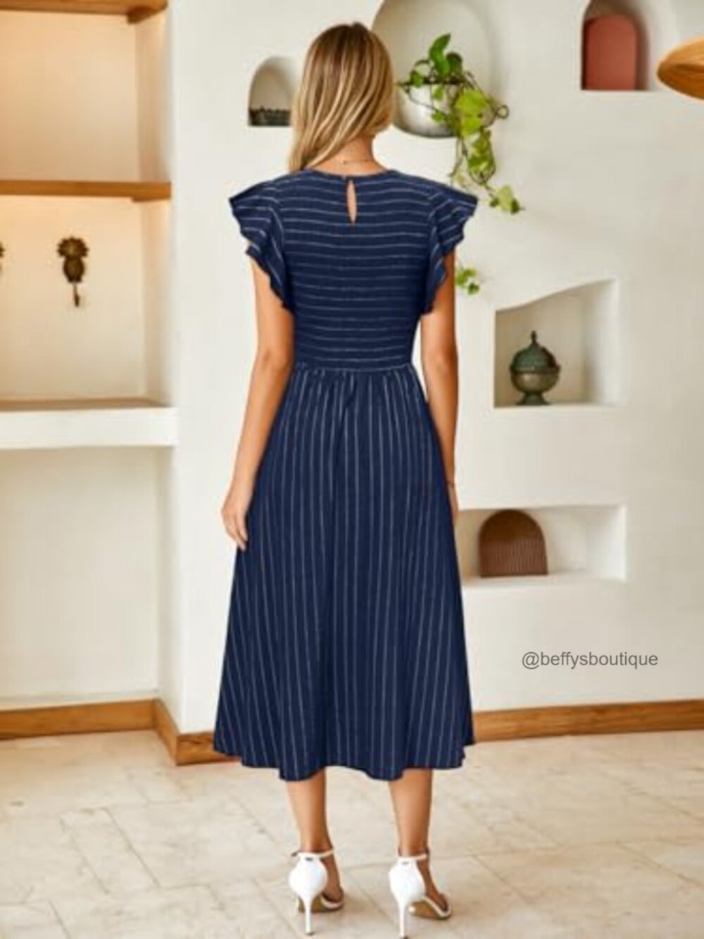 Linen Smocked Midi Dress with Pockets Flutter Sleeve Flowy Casual - Picture 6 of 7